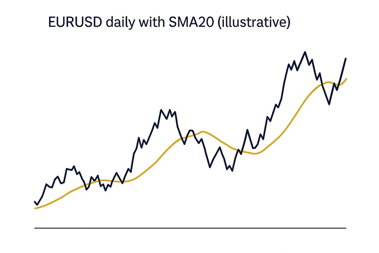 نمودار مفهومی EURUSD با میانگین متحرک ۲۰روزه